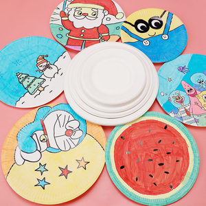 一次性空白纸盘子纸碗纸碟蛋糕餐盘方盘绘画烧烤diy儿童画画贴画手工
