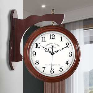 双面挂钟两面钟表客厅家用新中式实木餐厅简约复古创意表挂墙时钟