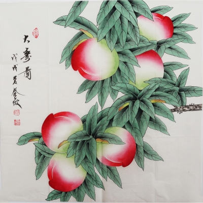 工笔画国画寿桃装饰画手绘花鸟画三尺玄关客厅挂画字画秦薇01129