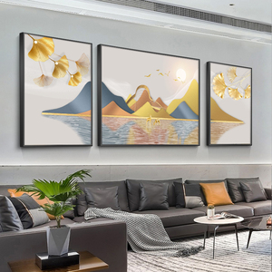 客厅装饰画山水画沙发背景墙轻奢壁画三联晶瓷新中式现代简约挂画