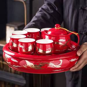 景德镇中式功夫茶具套装中国红黄色龙凤呈祥双层茶盘茶杯结婚礼物