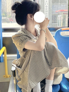 夏季2024年韩版复古格子学院风百搭甜美娃娃领显瘦宽松连衣裙子女