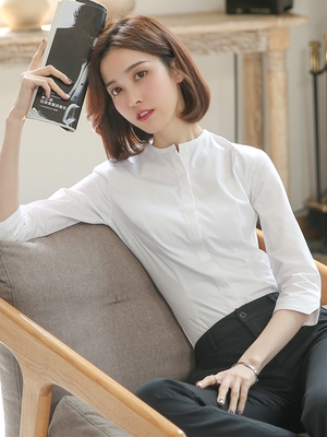 新白七分袖衬衫女职业2021早春时尚新款上衣工作服工装无领中袖衬