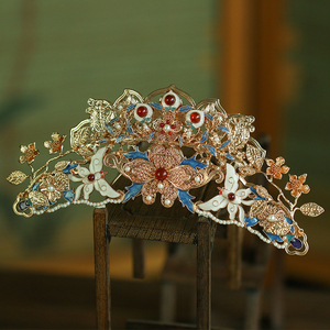 古风发冠女明制汉服头饰华丽复古红色新娘摄影发饰铸铜保色金原创