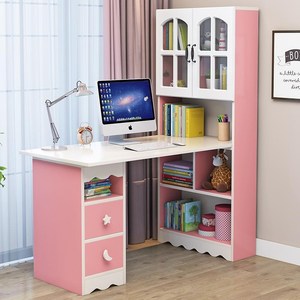简约学生书桌家用写字桌电脑桌书柜书架一体桌带玻璃门组合学习桌
