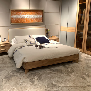 北欧e家榆木实木床北欧风轻奢1.8米双人卧室全实木牛皮靠背床