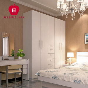 红苹果家具衣柜拉门简约现代板式衣橱五门五桶衣柜收纳柜 2.0米白
