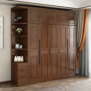 中派现代简约中式衣柜实木胡桃木卧室三四五六对开门衣橱木质家具