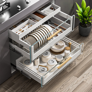 欧德宝厨房橱柜拉篮太空铝双层抽屉式调味拉蓝橱柜内置收纳碗碟架