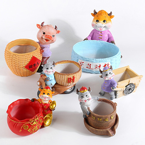 大号口径创意个性可爱卡通大小牛篮子动物摆件多肉花盆树脂工艺品
