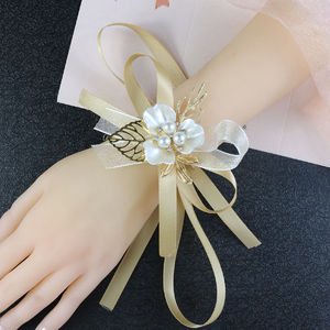 香槟色金三叶草新娘婚礼手腕花小清新韩式丝带仙美手花姐妹团手环
