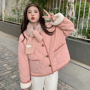 粉色短款无领菱格棉服女冬季小个子宽松加厚羊羔毛绒保暖棉袄外套