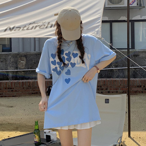 爱心印花下衣失踪t恤女夏季短袖宽松韩版中长款奶蓝色半袖上衣服