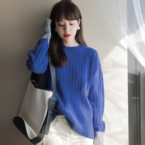 宝蓝色毛衣女套头秋冬韩版宽松简约长袖打底羊毛衫圆领打底针织衫