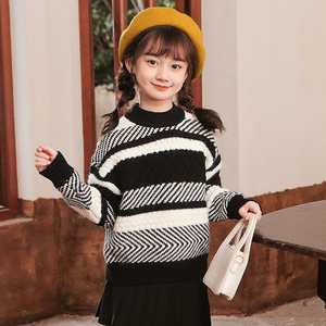 儿童女童条纹圆领毛衣2021秋冬黑白中大童针织衫套头洋气打底童装
