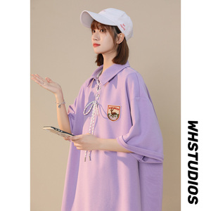 香芋紫短袖t恤女夏季甜美韩系小个子polo衫设计感小众7分中袖上衣