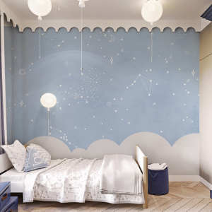 儿童房墙布环保简约蓝色星空壁纸男孩房间背景墙定制无缝全屋壁布