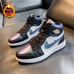 回力女鞋2021春秋新款aj1变色龙休闲板鞋冬季加绒棉鞋情侣高帮鞋