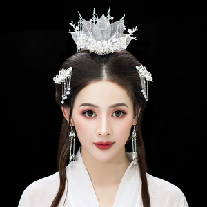 汉服头饰流苏盘发冠少女头冠步摇边夹古风发饰古装配饰品全套插梳