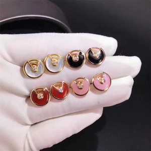 cartier/卡地亚护身符耳钉18k玫瑰金镶钻红玉髓 白贝母女士耳环