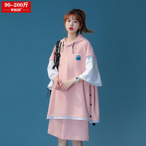 胖mm假两件套装女夏薄款宽松排扣短袖短裤两件套休闲运动大码女装