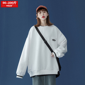 胖mm假两件卫衣女春秋薄款宽松韩版显瘦百搭早秋长袖上衣大码女装