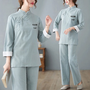 艾灸馆工作服女中式女装中国风棉麻套装中医理疗按摩推拿技师服装