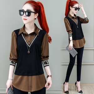 春秋气质假两件套衬衫女长袖2021年秋季新款时尚洋气雪纺上衣女装