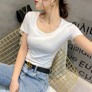 白色短款上衣女紧身t恤短袖ins潮小个子性感高腰露脐半袖修身体桖