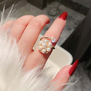 珍珠花朵水钻开口时尚食指戒指女ins潮韩版网红冷淡风个性指环