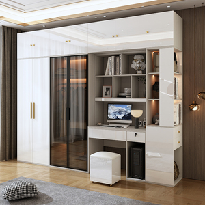 简约现代连体书桌柜衣柜电脑桌一体组合小户型玻璃门卧室收纳衣橱