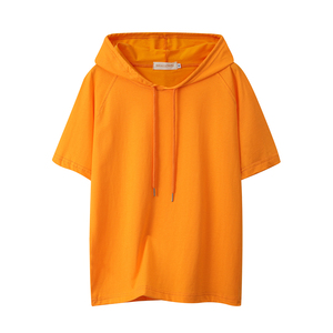 橘色连帽短袖t恤女卫衣夏新款宽松休闲百搭纯色半袖体恤纯棉上衣