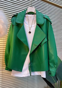 时尚宽松绵羊皮皮衣女外套2024年春秋新款韩版绿色真皮皮夹克上衣