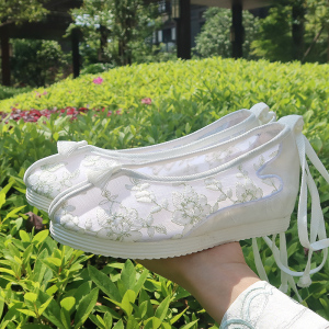 汉服鞋子女古风绣花鞋夏季网纱仙女风绿色古装淡雅圆头汉元素布鞋