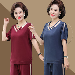 奶奶夏装短袖套装中老年人夏季圆领纯色上衣女妈妈宽松老人衣服
