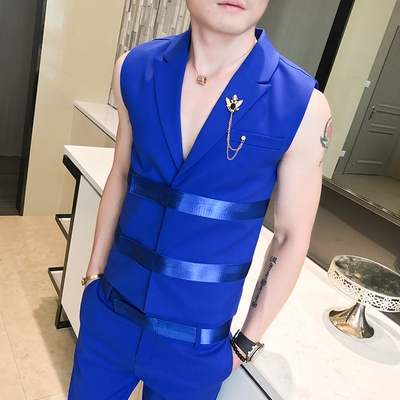 高档夜店酒吧ktv男模演出服夜场少爷制服男士时尚纯色vq领马甲裤