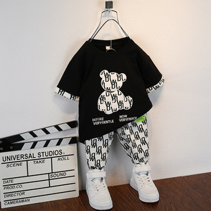 踏步安特品牌儿童夏季衣服男童纯棉短袖套装网红刺绣小熊t恤6宝宝