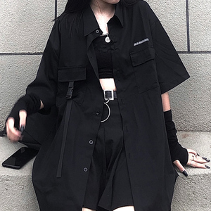 暗黑系酷酷女孩穿搭炸街工装bf套装女装潮宽松衬衫百褶短裙两件套
