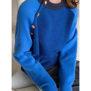 外贸品牌出口一线大牌剪标女装羊绒针织衫时髦克莱因蓝撞色毛衣潮