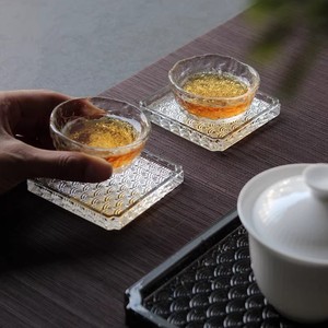 物美方形玻璃茶杯垫透明茶杯托波浪日式隔热垫功夫茶具小茶碟家用