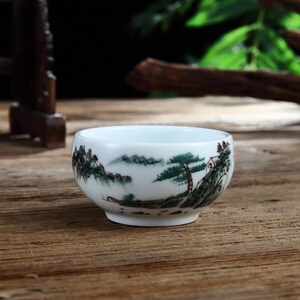 吴氏品雅白瓷影青五彩山水高脚盖碗大容量单个大号u高端茶具k套装