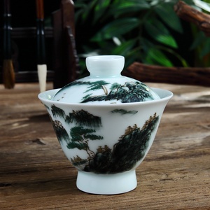 吴氏品雅白瓷影青五彩山水高脚盖碗大q容量单个大号高端茶具套装
