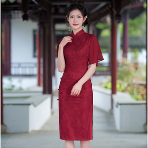 红色高考送考旗袍2024年新款夏季短袖中考旗开得胜蕾丝连衣裙日常