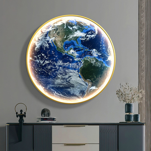 蓝色地球玄关装饰画圆形走廊墙壁画led灯画餐厅卧室床头发光挂画