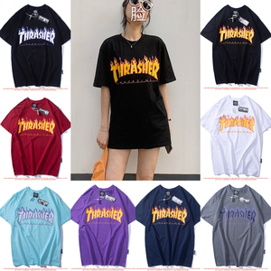欧美thrasher印花火焰短袖t恤学生圆领男女宽松情侣装打底半袖衫