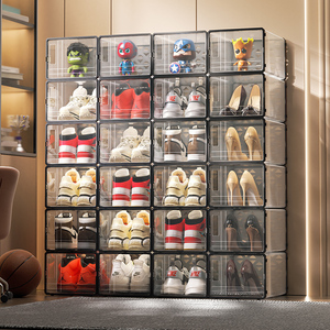 加厚鞋盒收纳盒透明折叠存放靴子塑料球鞋架鞋柜抽屉式省空间神器