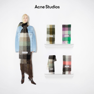 【奢礼定制】Acne Studios 男女同款 格纹流苏彩虹马海毛羊毛围巾