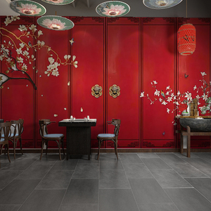 网红中国风国潮墙纸3d新中式壁画故宫红墙装饰餐厅火锅店装修壁纸