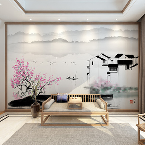 新中式诗意江南水乡墙布客厅电视背景墙壁纸水墨意境山水书房壁画