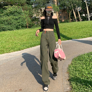 军绿色工装牛仔裤女夏季薄款设计感美式高腰宽松显瘦阔腿拼接直筒